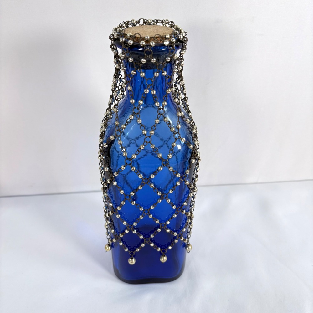 Vintage Bottle Cobalt Blue Recycled Glass Cork Decorative Chain Net Made Spain - Picture 3 of 8